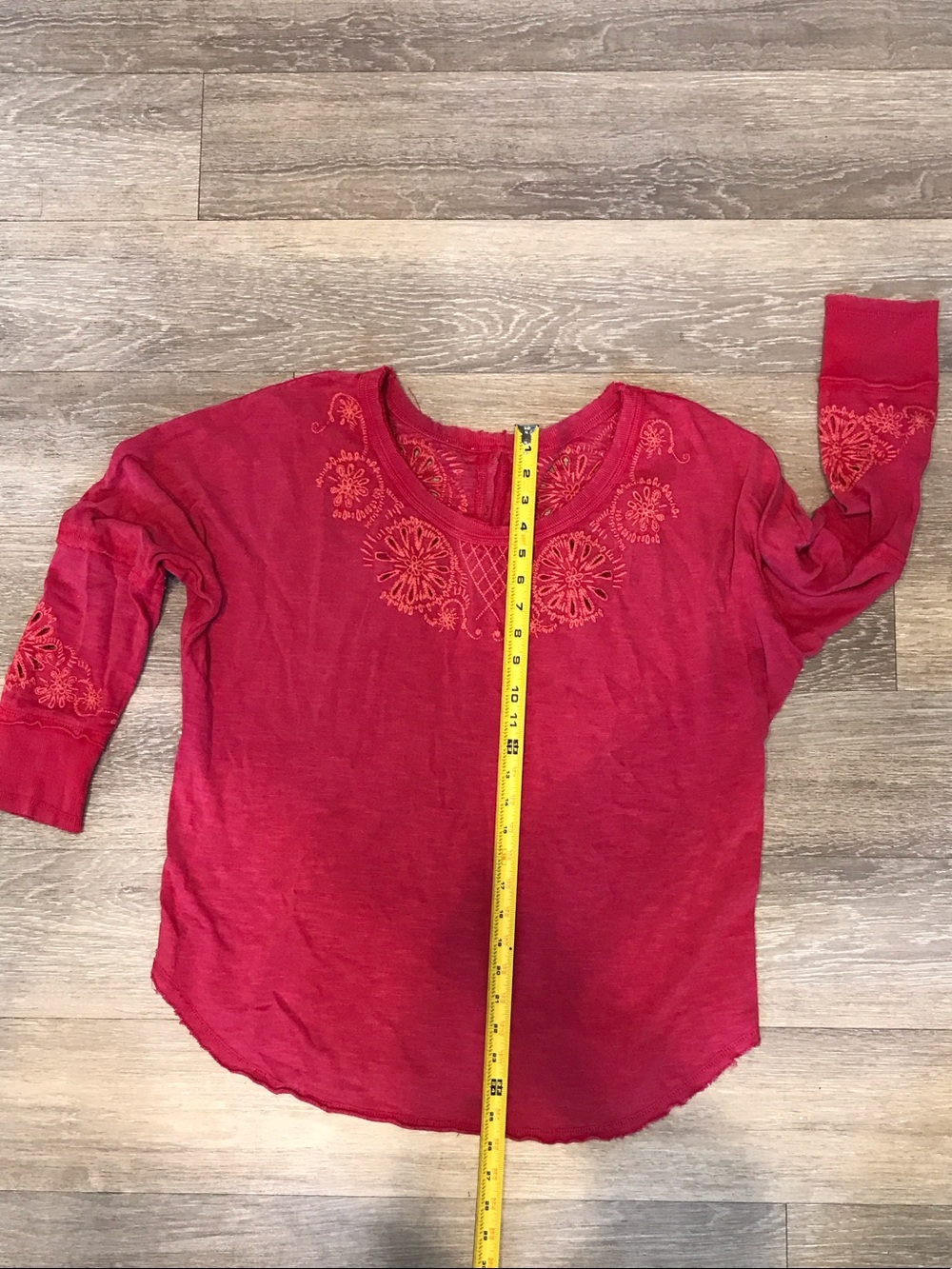 Women’s Cotton Embroidered Red Mid-Sleeve Scoop Neck Top